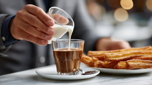 A man is pouring milk into a cup of coffee