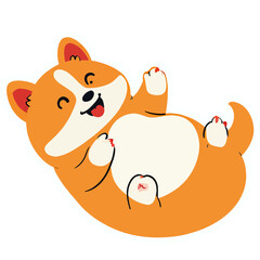 Chubby Corgi Lying on Back with Belly Exposed | Cute Playful Corgi Wagging Tail Illustration | Adorable Kawaii Dog Relaxing on Its Back | Happy Fluffy Corgi in Funny Resting Pose | Charming Cartoon