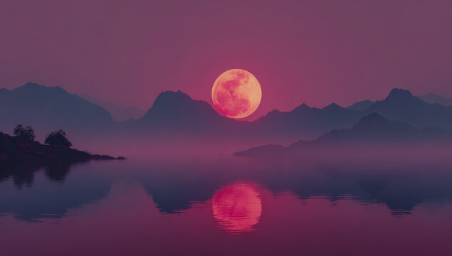 Mystical pink moon rises over serene misty lake reflecting mountains at dusk