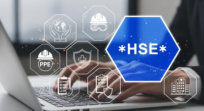 HSE Hologram Over Laptop — HSE Hexagon with Hard Hat, Shield Cross, Hands Holding Globe and Recycling Icons