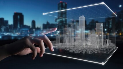 Innovative architect designs futuristic city skyline using holographic interface at night, visualizing urban development and smart technology.
