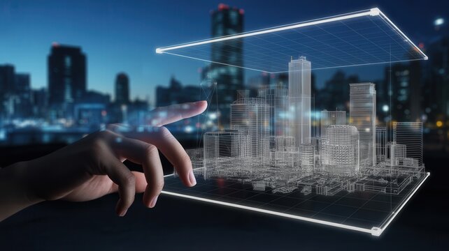 Innovative architect designs futuristic city skyline using holographic interface at night, visualizing urban development and smart technology. - Powered by Adobe