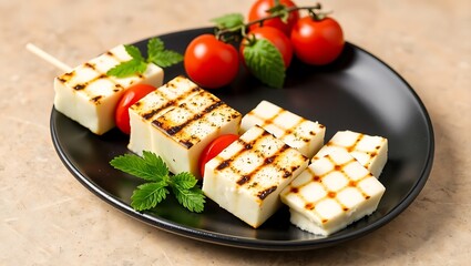Grilled halloumi cheese slices on skewer with mint and cherry tomatoes, black plate on textured background