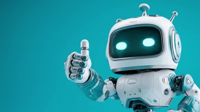 Cheerful retro robot gives a thumbs-up against a teal backdrop with glowing eyes and chrome plating