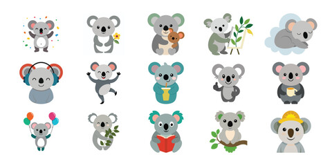 Collection of adorable cartoon koalas in various poses and activities with white background