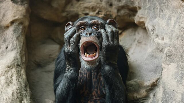 Astonished chimpanzee against rocky texture, capturing raw intelligence, curiosity, and emotion&mdash;powerful visual for conservation messages, education, and bold editorial