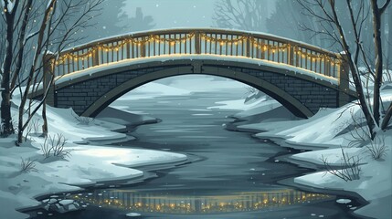 穏やかな川にかかる雪と光の橋