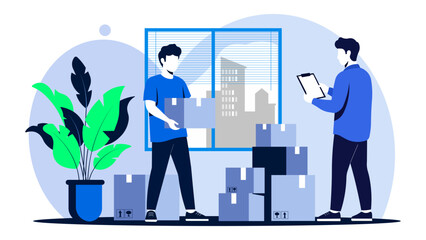 Illustration of two men are moving boxes into a new home isolated on white background