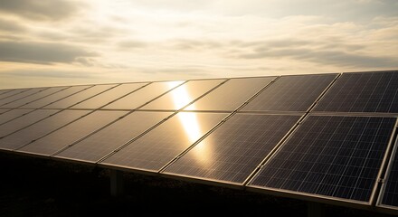 Solar panel array reflecting sunlight at sunset