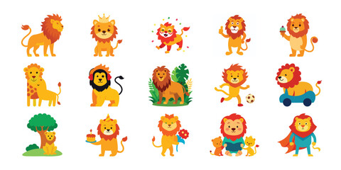 Obraz premium Collection of cute cartoon lions in various poses and outfits for childrens designs