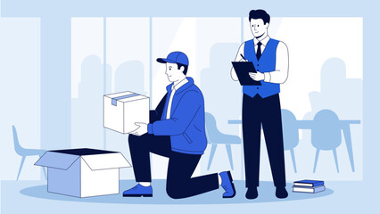 Illustration of delivery man kneeling with box isolated on white background