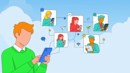 Illustration of man using smartphone for social media network and connecting with other people