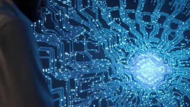 Futuristic Circuit Board with Glowing Blue Pathways and Central Energy Core

keyword: circuit, board, technology, digital, network, electronic, chip, data, connection, light, blue, glow, patte