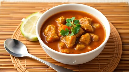 Gumbo served in a deep white bowl on a bamboo placemat, garnished with fresh parsley, spoon beside the bowl, isolated background