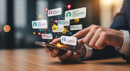 Social Messaging UI Over Smartphone with Floating Profile Cards and Emojis — Social Media