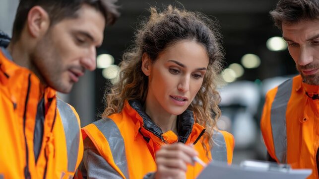 Three people in orange vests are looking at a piece of paper