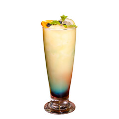 A refreshing cocktail with vibrant colors and fresh fruit garnishes