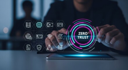 Zero Trust Cybersecurity HUD with Neon Hexagon Icons — Cybersecurity Concept