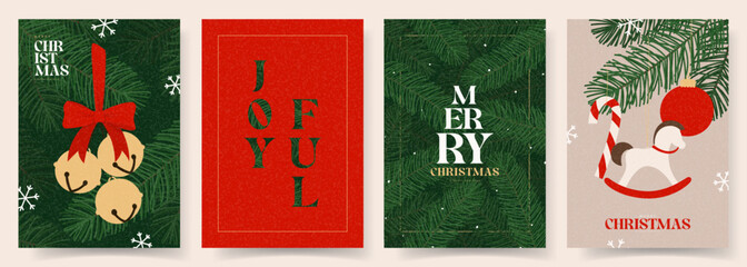 Christmas and New Year greeting cards. Vector collection of Christmas posters with Christmas toys on fir-tree branches, jingle bells, snowflakes and typography design. New Year flyers or covers.