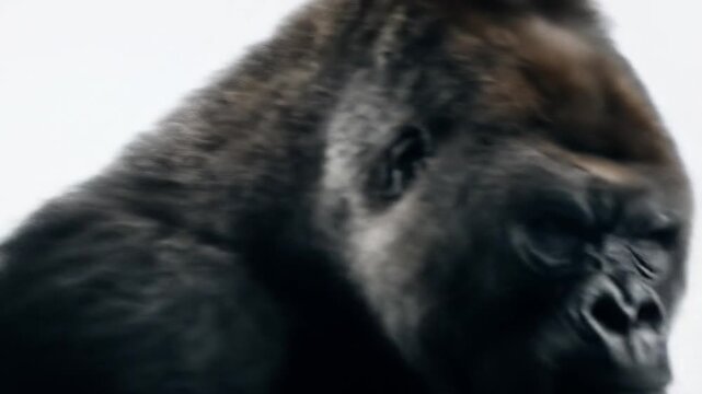 Close-up of a contemplative silverback gorilla with dark fur and a deep, thoughtful gaze calm. Rare