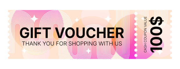 $100 gift voucher template with modern geometric design. Vector coupon with abstract gradient for advertising sales and promotions