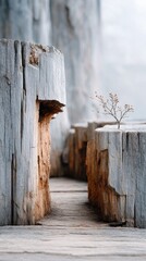 Weathered Tree Trunk With Small Sapling Growing Between Rough Textured Wooden Posts Detailed Close Up Vertical Outdoor Nature Scene