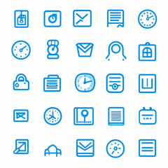 Collection of Various Icons Representing Time, Communication, and Organization in a Clean, Blue Line Art Style on a White Background
