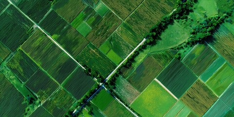 Vista a&eacute;rea de una zona agr&iacute;cola verde con un patr&oacute;n geom&eacute;trico de cultivos. Agricultura ecol&oacute;gica. Fotograf&iacute;a con dron.