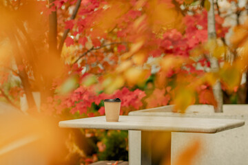 Paper coffee cup on a concrete table surrounded by colorful autumn leaves, cozy fall atmosphere.