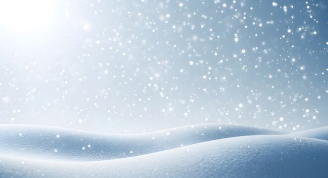 Gentle snowfall blankets rolling snowdrifts under a soft bright winter sky