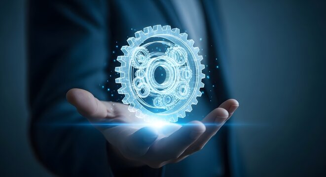 Business person hand holding glowing gear cogwheel icon on blue background industrial and technological solutions concept