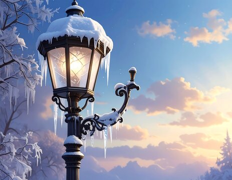 A snow-covered lamp post glowing against a winter sky