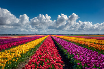 vibrant tulip fields in neat colorful rows stretching toward the horizon under a bright blue sky with fluffy clouds and natural sunlight
