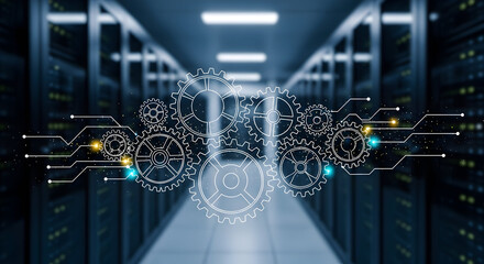 Dynamic network gears interlinking data streams within a modern server room, symbolizing innovation and seamless digital connectivity for technological advancement.