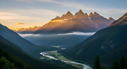 Fototapeta premium Mountain valley with low clouds and soft morning light.