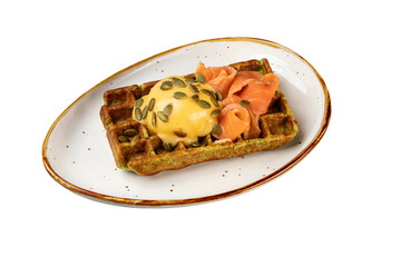 A vibrant and nutritious dish – zucchini waffles with salmon, isolated on a transparent background.