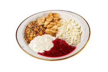 Healthy, natural breakfast of cottage cheese, banana, raspberries, isolated on transparent background.