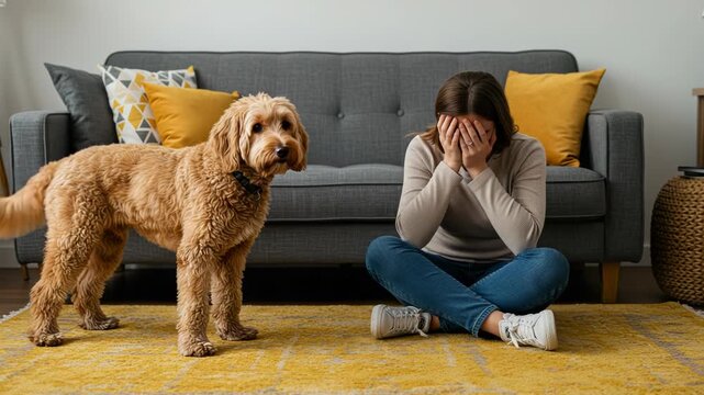 Woman crying on floor while dog looks on in living room