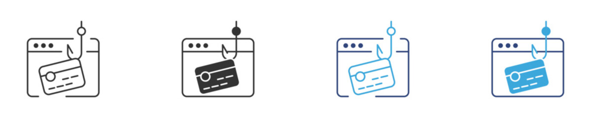 Cybersecurity phishing icon  set, phishing attack targeting login credentials with a fishing hook over a username and password form. vector illustration . 