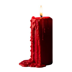 Burning red candle with flowing wax, creating a warm, cozy mood
