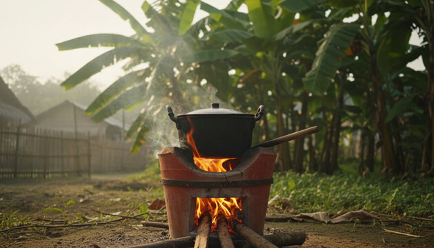Traditional Filipino outdoor cooking, clay stove, red clay kalan de uling, glowing firewood, crackling fire, gentle smoke, tropical leaves, rustic village, nostalgic morning, cinematic realism
