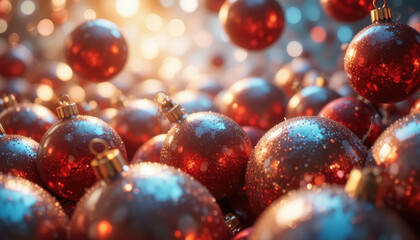 Festive red Christmas ornaments with sparkling bokeh background create joyful holiday atmosphere. shiny baubles are adorned with delicate water droplets, enhancing their vibrant glow