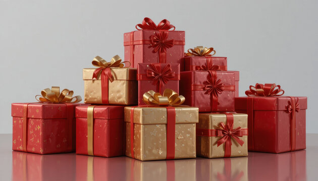 Red and gold gift boxes with shiny ribbons are stacked in pyramid, creating festive and elegant display. reflective surface enhances luxurious feel, perfect for celebrations