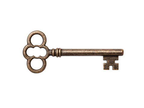 Antique brass skeleton key with ornamental bow and simple teeth, isolated on a transparent background