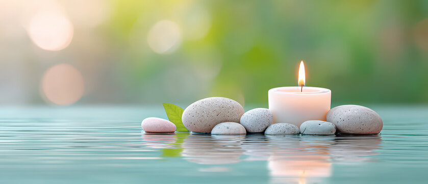 Spa wellness care meditation with smooth stones and lit candle creates peaceful atmosphere for relaxation and self care in tranquil water setting