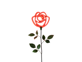 Red neon rose light with green leaves on black stem, isolated on a transparent background