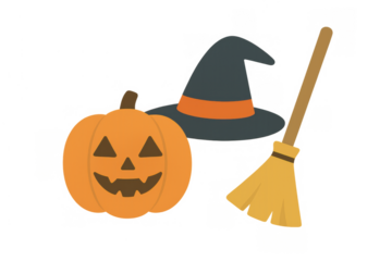 Halloween pumpkin, witch hat and broomstick creating spooky seasonal atmosphere. Transparent background for easy layering