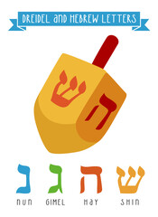 Dreidel and symbols of Hebrew letters. Happy Hanukkah creative icons with a letter of the Hebrew alphabet. Translation - nun, gimel, hay, shin. Vector design for the Festival of Lights