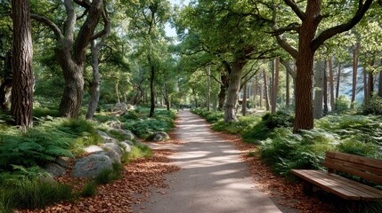 Fototapeta premium Peaceful Woodland Trail Covered in Fallen Leaves Bathed in Soft Sunlight With a Wooden Bench Offering a Serene Resting Spot