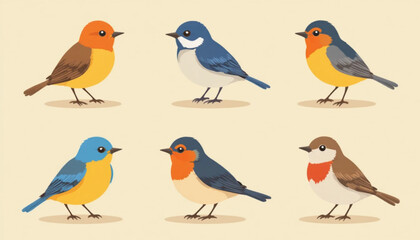 Fototapeta premium A set of various flat colored birds on a plain background. 